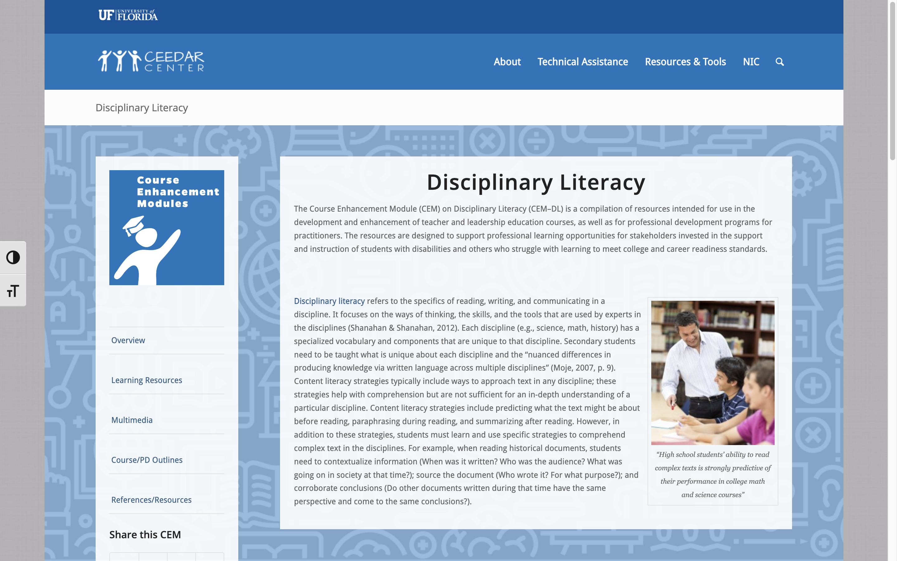 Screenshot of website with white, blue, and light blue background, and small image of a classroom.